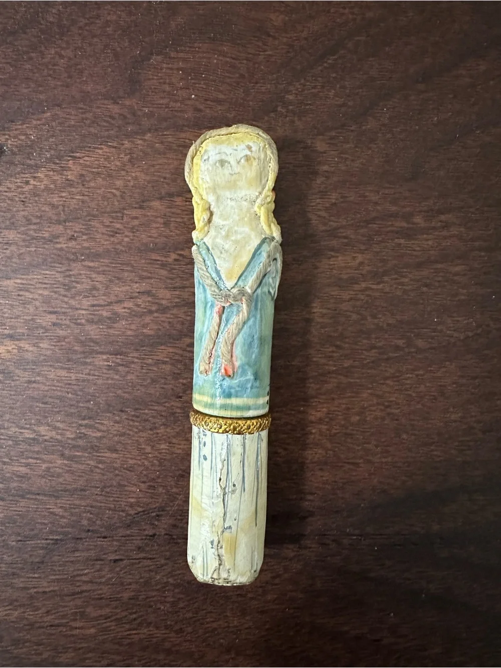 Vintage 1960s Mexican Paper Mache Doll Lipstick Holder Case LF Mid Century Folk